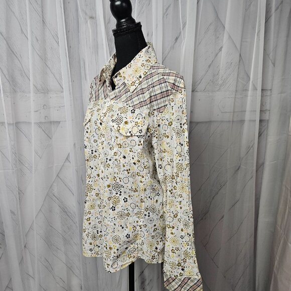 Spy Henry Lau Yellow Blue Floral Plaid Western Button Down Blouse Size L - Picture 7 of 13